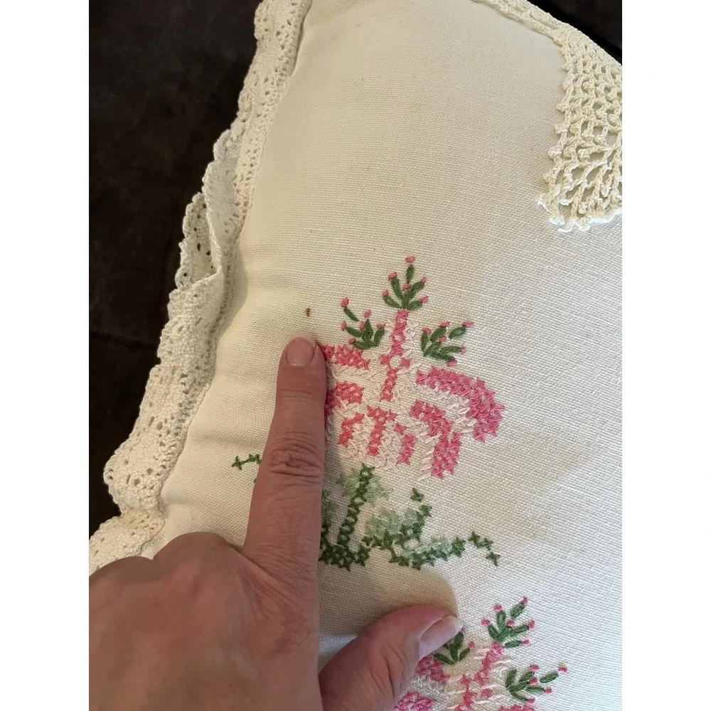 Vintage‎ Handmade Cross Stitch Floral Throw Pillow Cottagecore Shabby Chic Decor